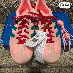 adidas Women’s Pink Sneakers with Green Stripes and Red Laces